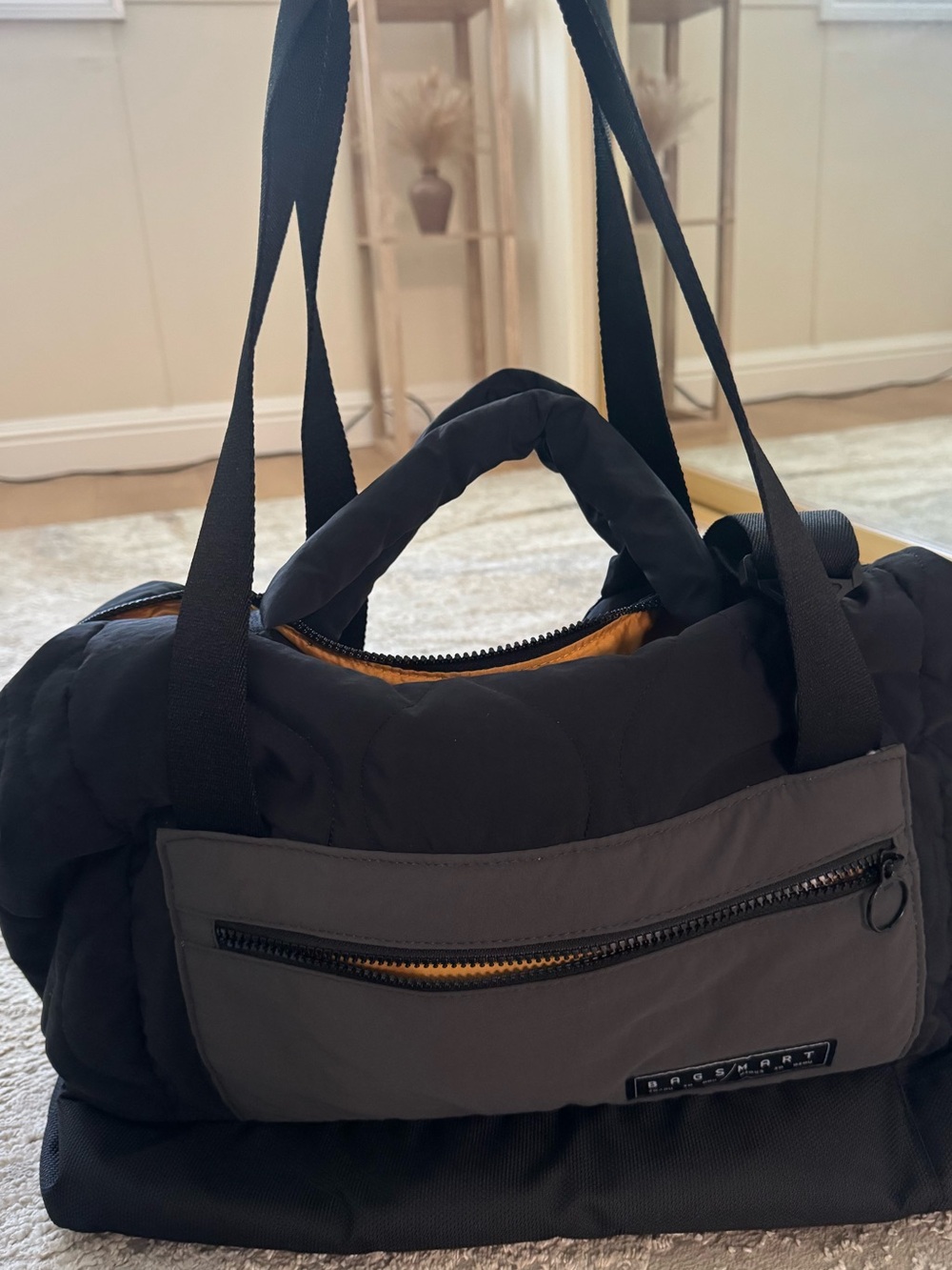 BagSmart Quilted Black Men's Duffel with Orange Interior